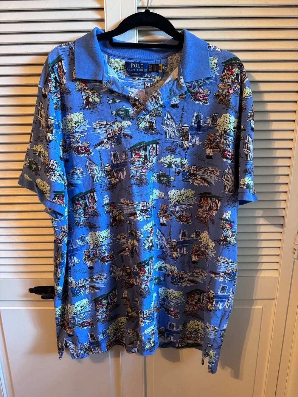 Polo Ralph Lauren Men's Classic Fit Blue Allover Paris Artist Polo Bear Graphic
